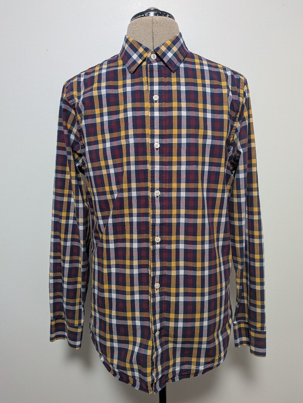 GAP Men's Plaid Button-Down Shirt - Navy, Burgundy & Mustard Fall Slim Fit